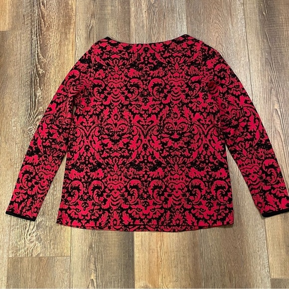 J Jill Damask Red Black Long Sleeve Sweater Petites S Rhinestones Christmas - Picture 2 of 11